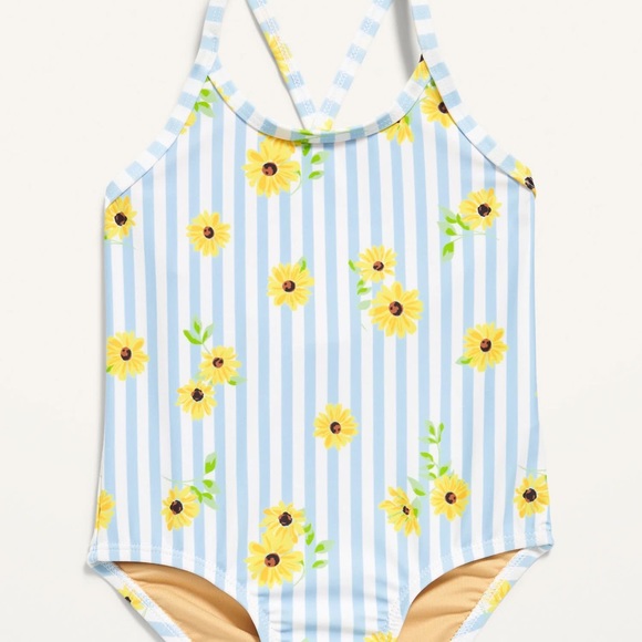 Blue striped one piece swimsuit with yellow flowers - Picture 1 of 3